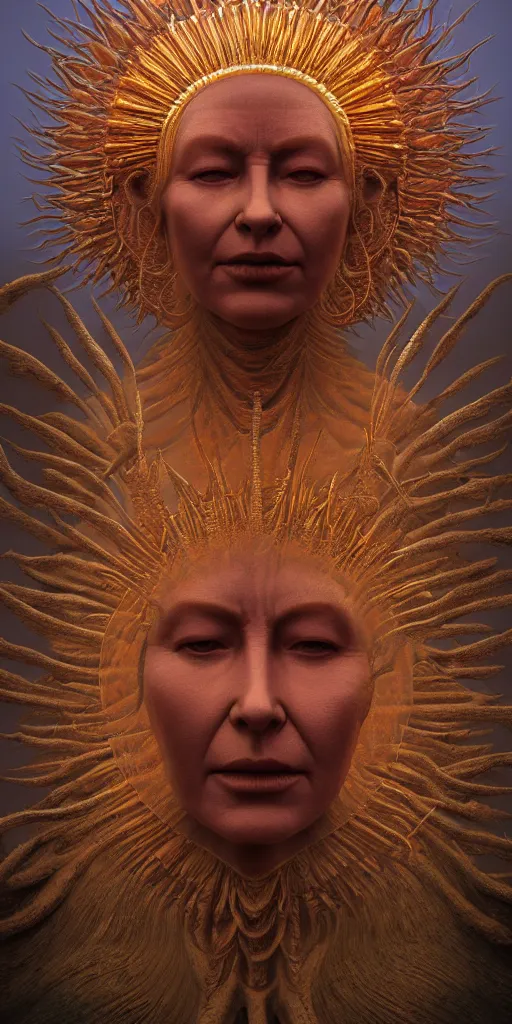 Image similar to CGI, HYPER REALISTIC VFX SIMULATION of THE QUEEN OF THE SUN BY ZDZISŁAW BEKSIŃSKI, HIGHLY INTRICATELY DETAILED 3D OCTANE RENDER