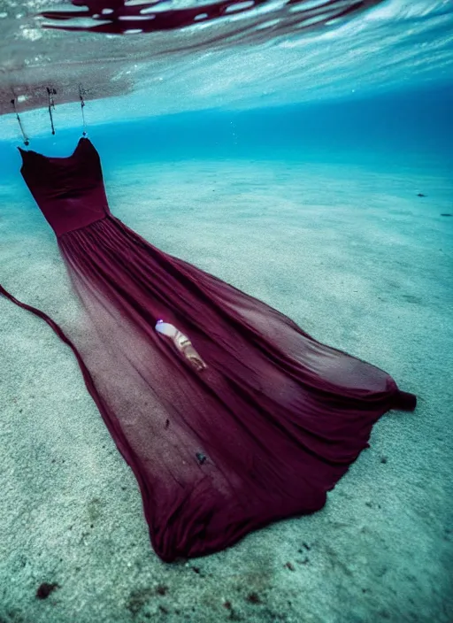 Prompt: abandoned long dress, floats underwater in the sea