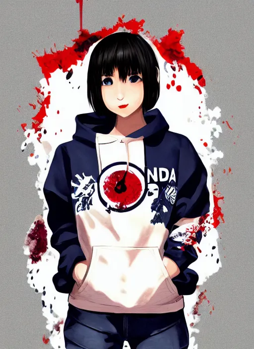 Image similar to a highly detailed illustration of black short hair cute japanese girl wearing blood stained navy hoodie with the word nevada on it, dramatic smile pose, intricate, elegant, highly detailed, centered, digital painting, artstation, concept art, smooth, sharp focus, league of legends concept art, WLOP