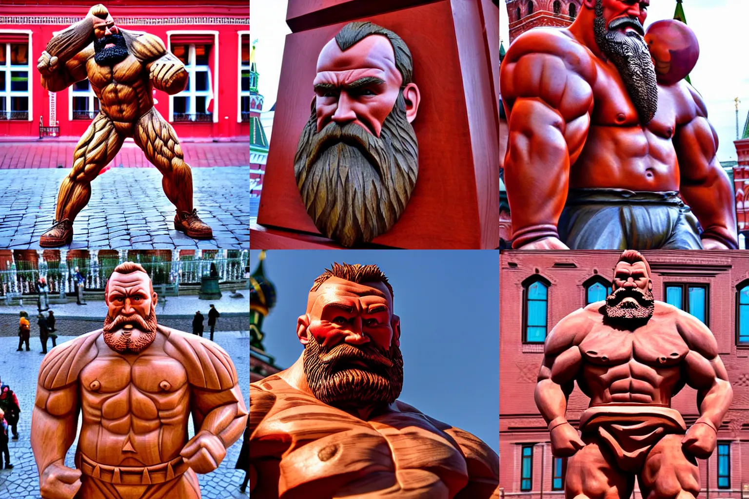 Prompt: wood carving of zangief in red square, moscow