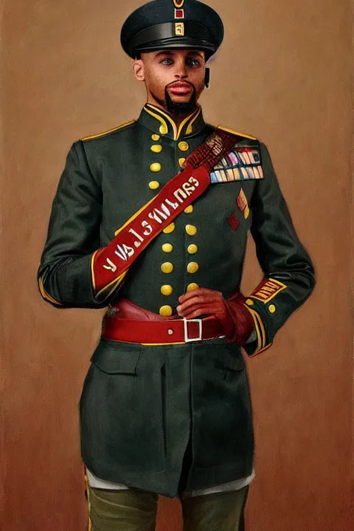 Prompt: full body portrait of the dictator of the golden state warriors, 1 8 8 9, in full military garb, steph curry, oil on canvas by william sidney mount, trending on artstation