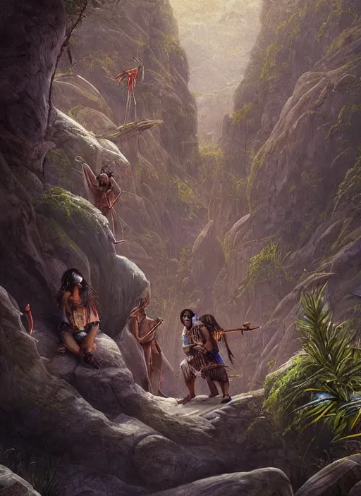 Image similar to two indigenous people trusting each other, fantasy art, matte painting, hightly detailed