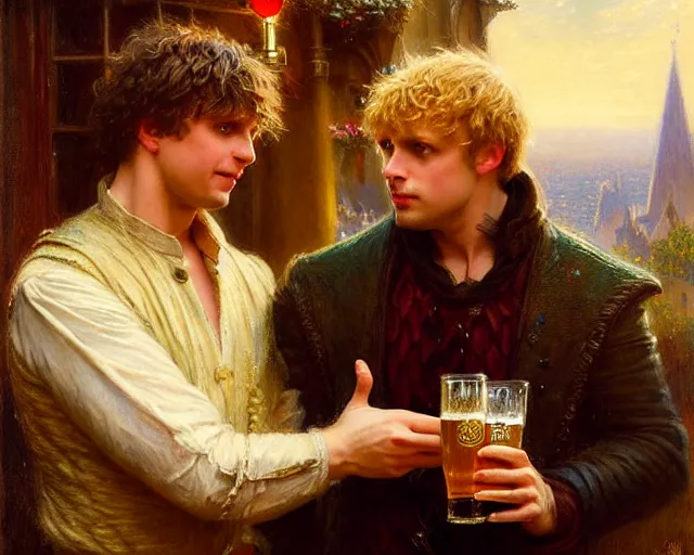 Image similar to arthur pendragon and attractive merlin go to a pub together to have some drinks. highly detailed painting by gaston bussiere, greg rutkowski, j. c. leyendecker 8 k