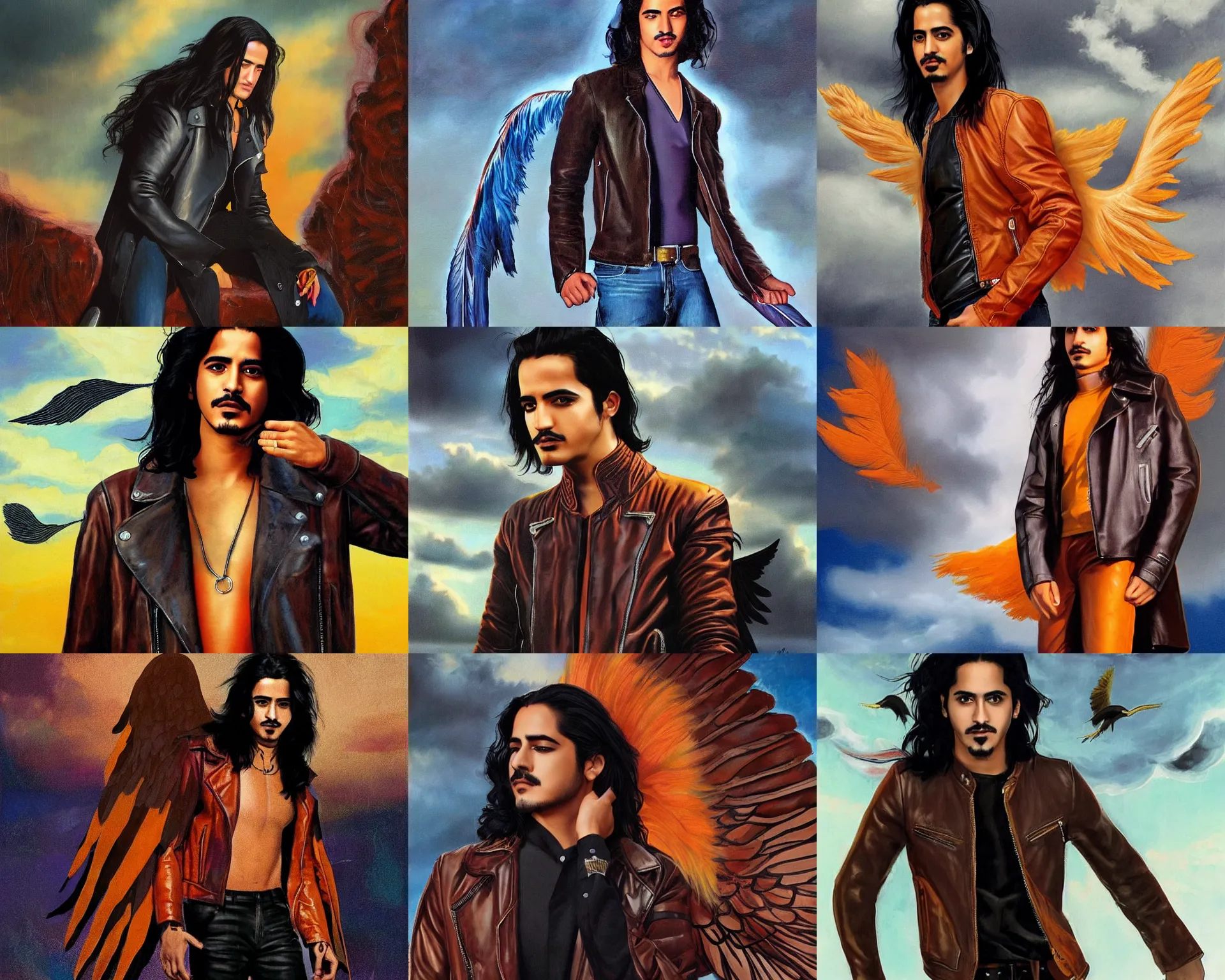 Prompt: angel avan jogia with orange-feather wings. Leather jacket, boots and jeans. Floating in a stormy sky. Smooth brown skin. Long black hair. Distant full body shot. Artwork by Alex Ross