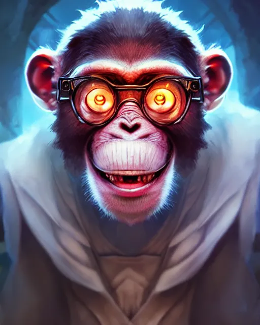 Image similar to Monkey Mad Scientist, laughing, D&D, artstation, fantasy, magic the gathering artwork, cinematic lighting, centered, symmetrical, highly detailed, digital painting, , concept art, smooth, sharp focus, illustration, volumetric lighting, epic Composition, 8k, art by Akihiko Yoshida and Greg Rutkowski and Craig Mullins, oil painting, cgsociety