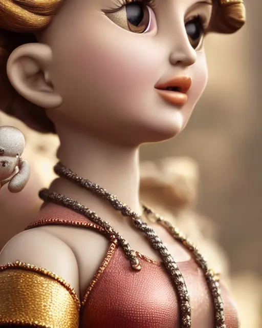 Image similar to highly detailed closeup, face profile portrait of a tin toy natalie portman as the staue of liberty, bikini, depth of field, nicoletta ceccoli, mark ryden, lostfish, max fleischer, breathtaking, detailed and intricate environment, 8 k resolution, hyperrealistic, octane render