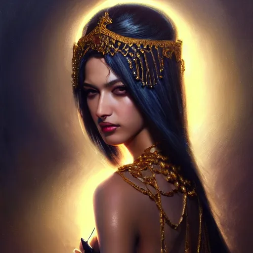 Prompt: expressive oil painting, of alluring persian princess, smooth glowing skin, oiled body, pretty eyes, love, adoration, ornate headpiece of black beads, tattoo, glamour shot, by yoshitaka amano, by greg rutkowski, by jeremyg lipkinng, by artgerm, digital art, octane render