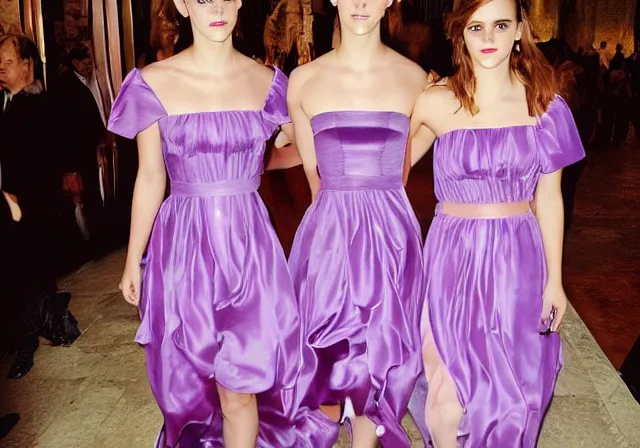 Prompt: a professional fashion model photo of Emma Watson and her twin sisters wearing purple dresses.