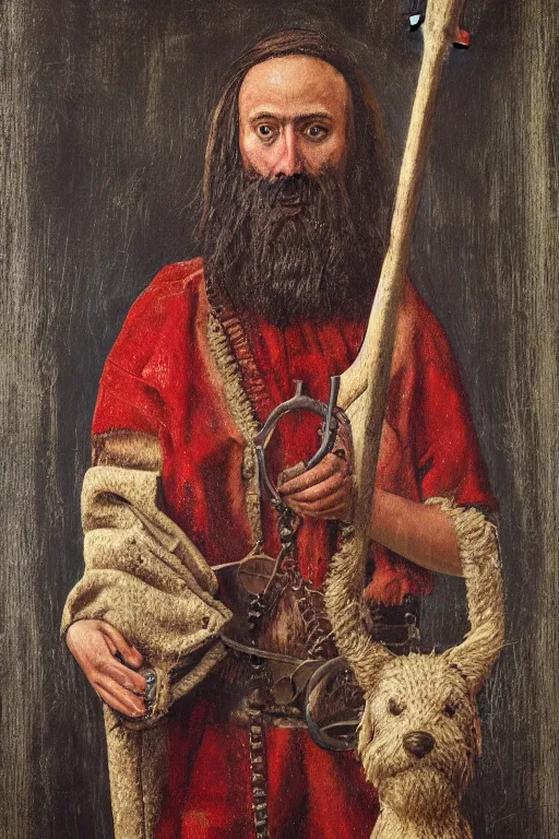 Image similar to Slavic dog head man, woolen torso in medieval clothes, Orthodox Saint Christopher, oil painting, holding axe, hyperrealism, beautiful, high resolution, trending on artstation,