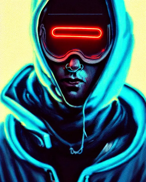 Image similar to cyberpunk synth, hyper - realistic portrait of a man in a hoodie with detailed neon mask, cyberpunk, intricate, lifelike, by atey ghailan, by greg rutkowski, by greg tocchini, by james gilleard, by joe fenton, by kaethe butcher, dynamic lighting, gradient light blue, brown, cinematic lighting color scheme, sharp focus, grunge aesthetic