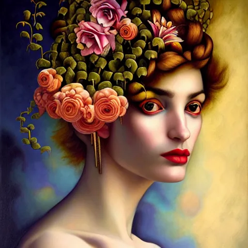 Image similar to dynamic composition, a painting of woman with hair of ( summer flowers )!! and vines wearing ornate earrings, ornate gilded details, a surrealist painting by tom bagshaw and jacek yerga and tamara de lempicka and jesse king, featured on cgsociety, pop surrealism, surrealist, dramatic lighting, wiccan, pre - raphaelite