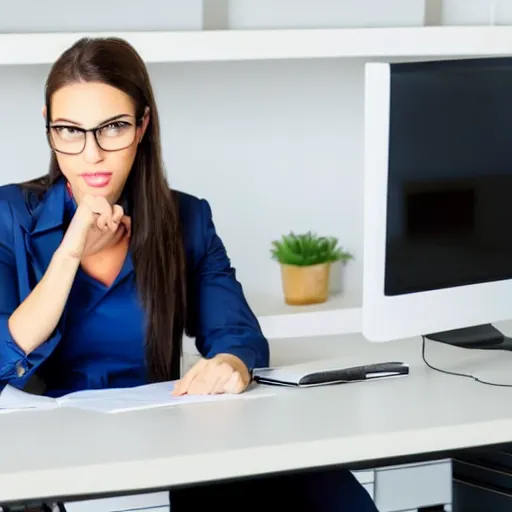 Image similar to a beautiful very muscular woman working in an office, pretty face