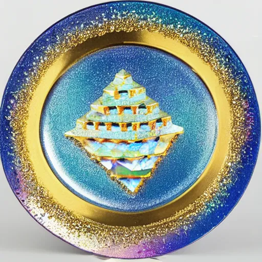 Prompt: pyramid with iridescent glaze, gold and diamond sprinkles on a blue iridescent plate, 8K