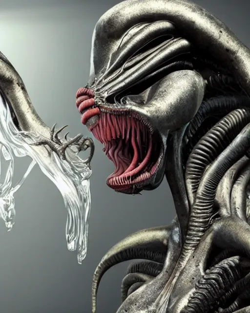 Image similar to cinematic full - body - shot still of kim kardashian being mouth fed by an xenomorph in a transparent alien liquid, wet flowing hair, gooey skin, illustration, unreal engine 5, 8 k, made by h. r. giger.