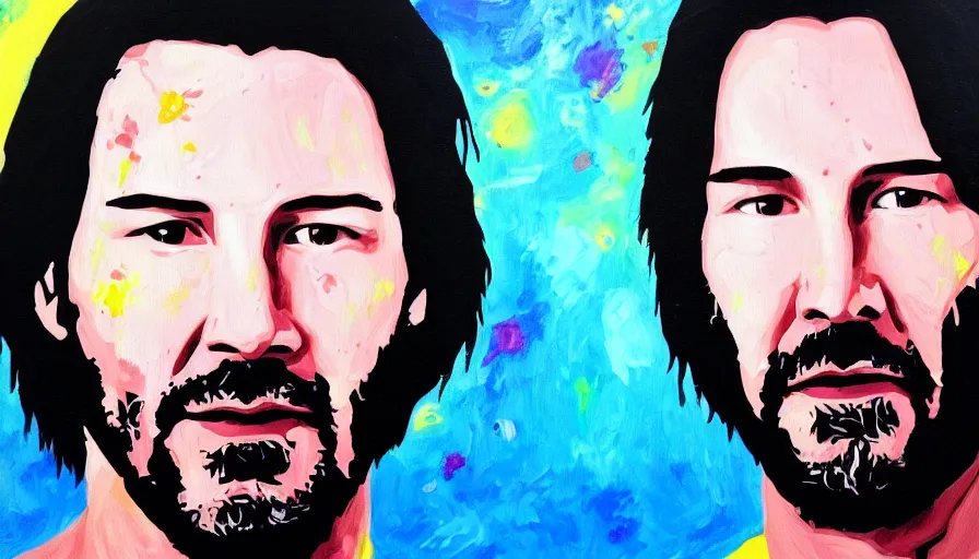 Prompt: portrait of Keanu reeves floating in space with a distressed look on his face, acrylic paint on canvas,