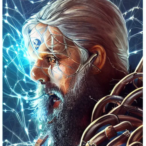 Image similar to mythological odin all father god of thunder and artificial intelligence creating himself with an artificial neural network with synapses, high resolution, award winning art, trending on art station, sharp image, incredibly detailed, detailed character realistic painting