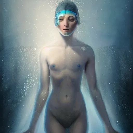Prompt: a hyperrealistic illustration of a human in the Arctic, snow on the body, blue transparent ice with fractal sunlight, award-winning, masterpiece, in the style of Tom Bagshaw, Cedric Peyravernay, Peter Mohrbacher