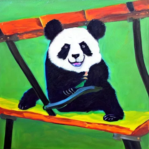 Image similar to beautiful acrylic! impasto! painting of a sad, crying panda bear on a playground swing