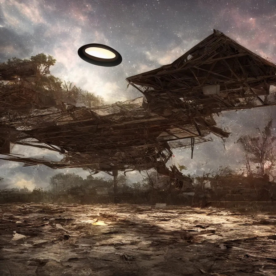 Image similar to a ufo floats over a broken barn, debris floats upwards, volumetric lighting, night, photorealistic rendering, color palette, 8 k, hyperdetailed