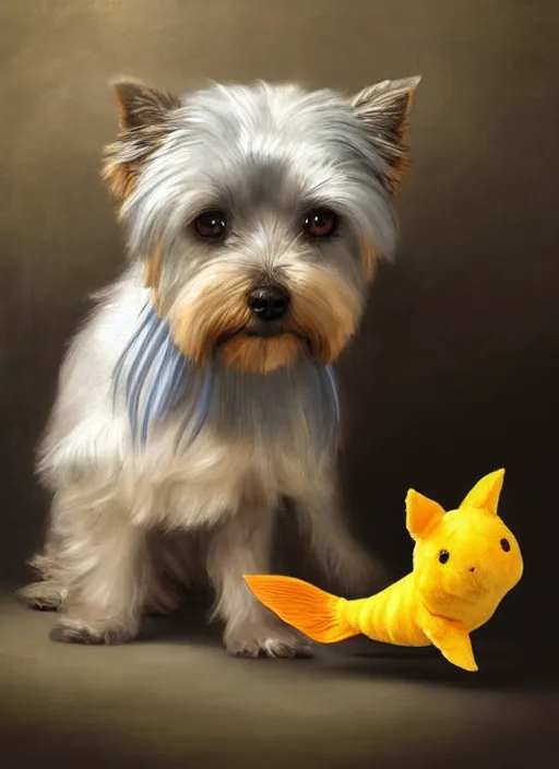 Prompt: A beautiful portrait of grey puppy yorkshire terrier playing with yellow magikarp plush toy, digital art by Eugene de Blaas and Ross Tran, vibrant color scheme, highly detailed, in the style of romanticism, cinematic, artstation, Greg rutkowski