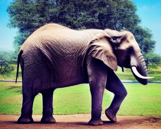 Image similar to an elephant painting a beautiful picture of an elephant while standing outside in a park on a sunny day, octane, shot on an iphone,