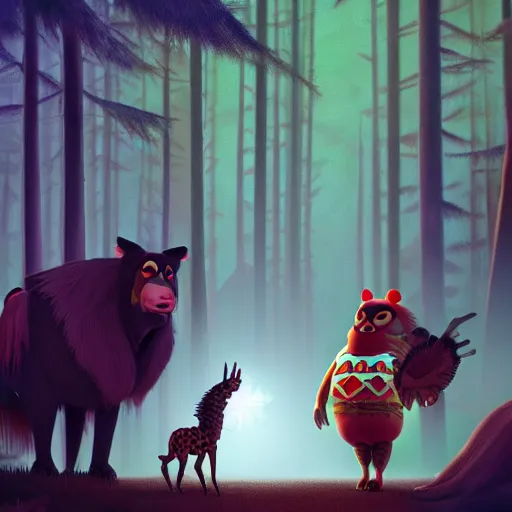 Image similar to medium shot native american with animal companion, in a dark forest, mysterious, backlit, still from a pixar dreamworks movie, trending on artstation