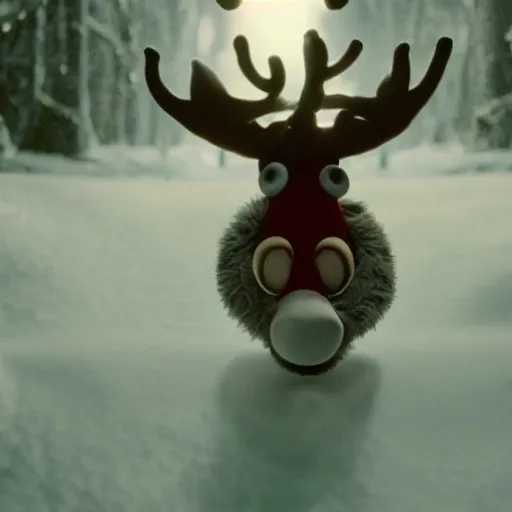 Image similar to a cinematic film still from a 2001 Pixar horror movie about an anthropomorphic Reindeer that turns evil, in the style of Pixar, shallow depth of focus