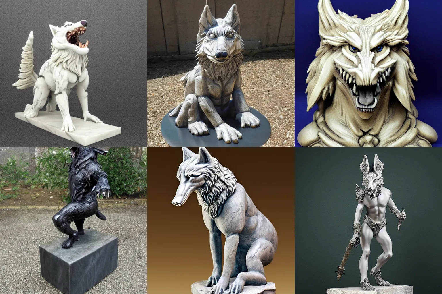 Prompt: anthropomorphic marble wolf warrior statue.