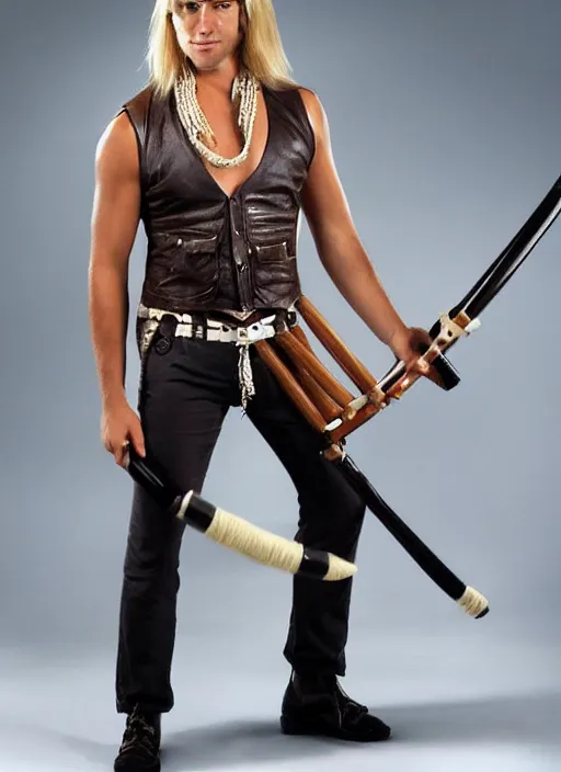 Image similar to a male ranger with a bongo drum and holding nunchaku, wearing a leather vest and white linen pants, chiseled good looks, long swept back blond hair, puka shell necklace, dnd, digital art