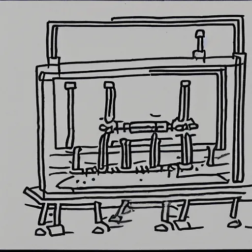 Image similar to very simple line drawing of a furnace with people around it, pen on paper simple drawing by a 7 year old