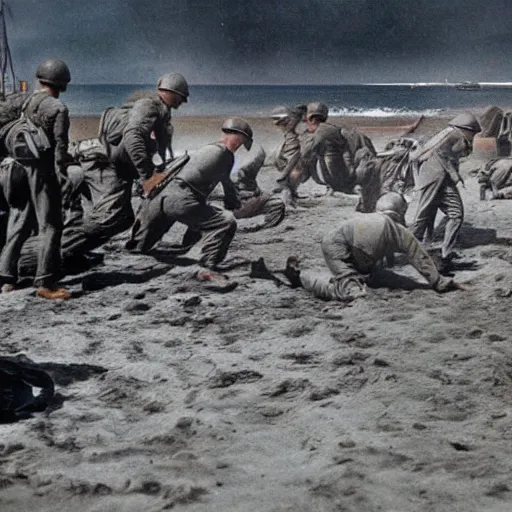 Prompt: ww 2 realistic photo in color beach landing, blood everywhere, explosions