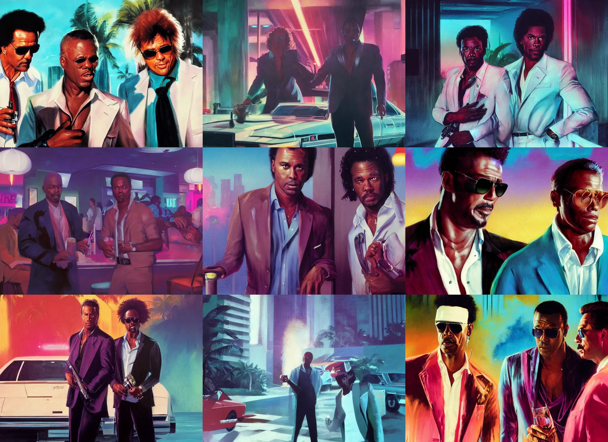 Prompt: a portrait painting of crockett and tubbs in eighties miami vice, night club, ultra realistic, highly detailed faces, true life, 8 k, masterpiece, cinematic, by frank frazetta, greg rutkowski, yoko taro, christian macnevin, beeple, wlop, krenz cushart, epic character art, volumetric lighting