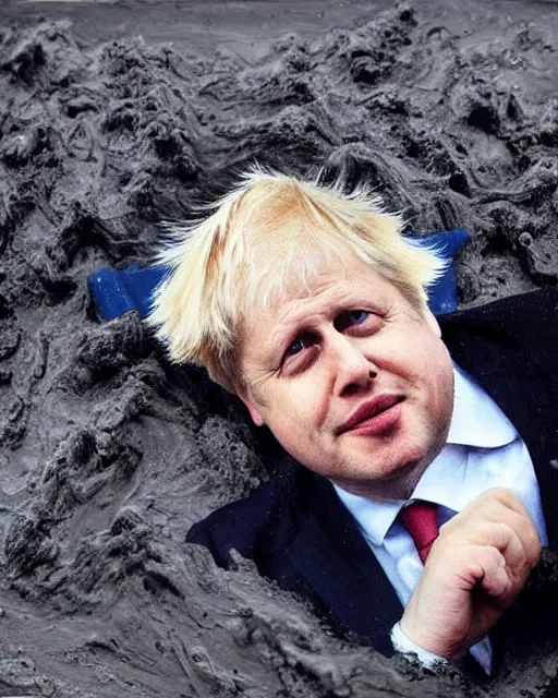 Prompt: an oil painting of uk politician former prime ministe boris johnson lying down in a pile of mud on a farm, covered in dirt, 4 k detail