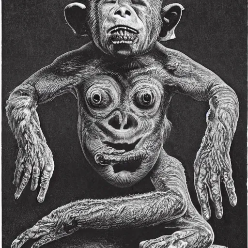 Prompt: measles on a deformed hideous pustule covered monkey, sores, bumps, skin wounds, surface hives, growths, horror, fantasy, highly detailed, by Dan Hillier and Ernst Haeckel