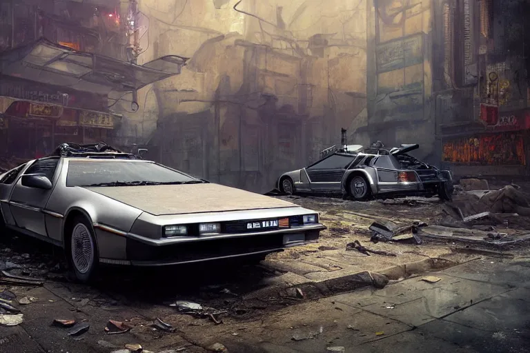 Prompt: highly detailed photograph of a delorean parked on the streets of a cyberpunk abandoned city, doors are open, by greg rutkowski and stanley artgerm and alphonse mucha, octane, sharp focus, hyperrealistic, masterpiece