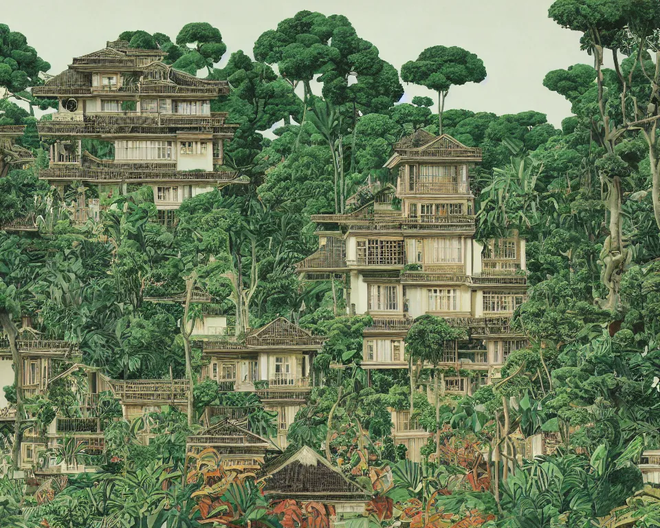 Prompt: repeating colonial mansions, overgrown with tropical foligage, by Salvador Dali and Hasui Kawase.