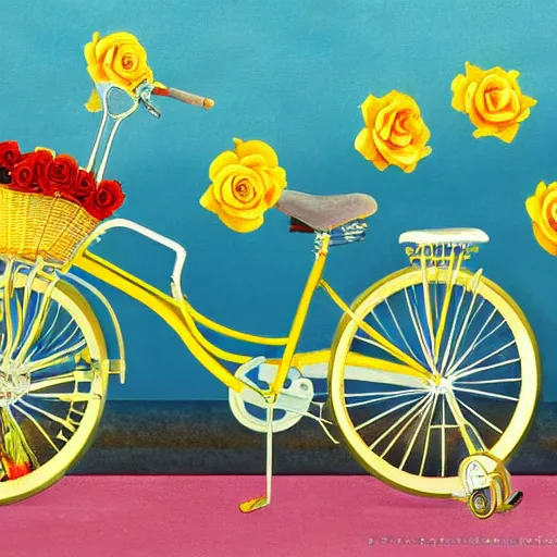 Image similar to a beautiful storybook painting of a vintage yellow Schwinn bicycle with a basket of red roses on the front propped up against a blue wall, anime style and Studio Ghibli, nostalgic heart-warming, trending on artstation hq