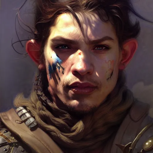 Image similar to highly detailed portrait of a poor rogue in the form of a beautiful male halfling. d & d. art by donato giancola, eugene delacroix, ruan jia, carl larsson, peter mohrbacher. trending on artstation, intricate details, energetic composition, concept art, illustration, elegant art, global illumination