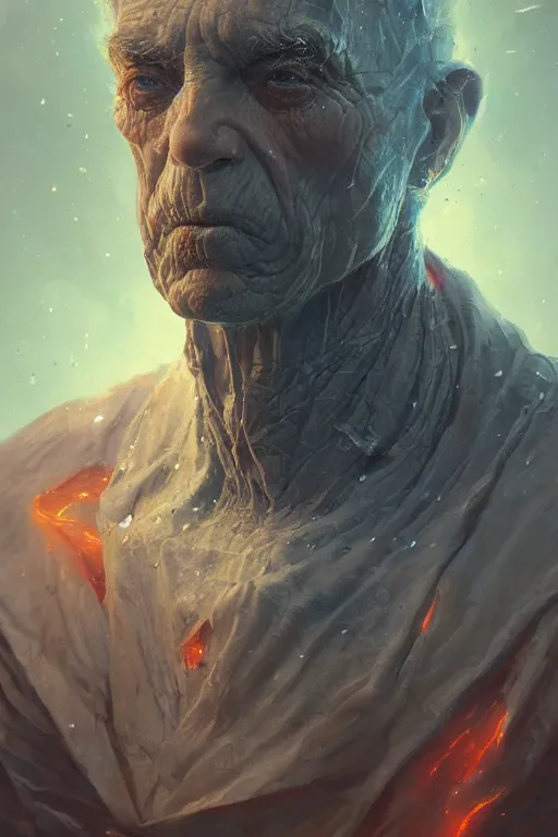 Image similar to the look of an elderly fire person full of wrinkles and imperfections by artgem and greg rutkowski, highly detailed, high contrast, trippy, nebula, trending on artstation