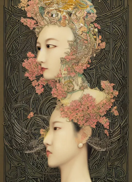 Image similar to portrait full three kingdom breathtaking detailed concept art painting art deco pattern of birds goddesses amalmation flowers head thibetan temple, by hsiao ron cheng, tetsuya ichida, bizarre compositions, tsutomu nihei, exquisite detail, extremely moody lighting, 8 k, art nouveau, old chines painting, art nouveau