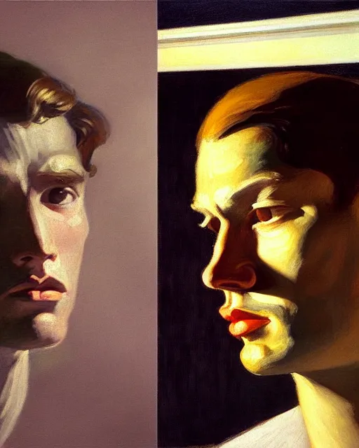 Image similar to two clemente, francesco may wilson, edward hopper filonov, beautiful face, octane rendering