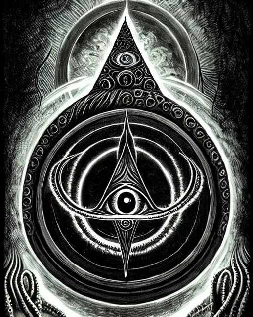 Image similar to photorealistic gothic witchcraft occult illuminate all seeing eye with tentacles, necronomicon, cosmic, by brom