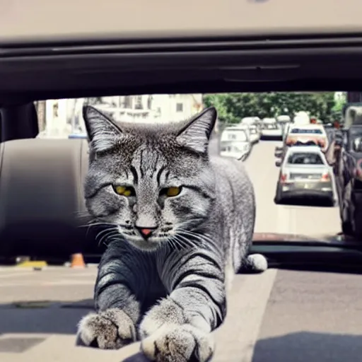 Image similar to giant cat in traffic, ultra realistic, very realistic