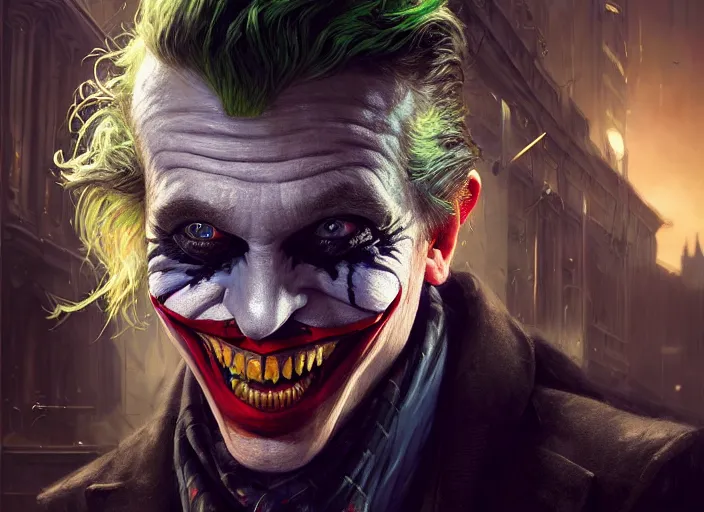 Image similar to highly detailed portrait of mark hamil as the joker, in batman : arkham knight, stephen bliss, unreal engine, fantasy art by greg rutkowski, loish, rhads, ferdinand knab, makoto shinkai and lois van baarle, ilya kuvshinov, rossdraws, tom bagshaw, global illumination, radiant light, detailed and intricate environment