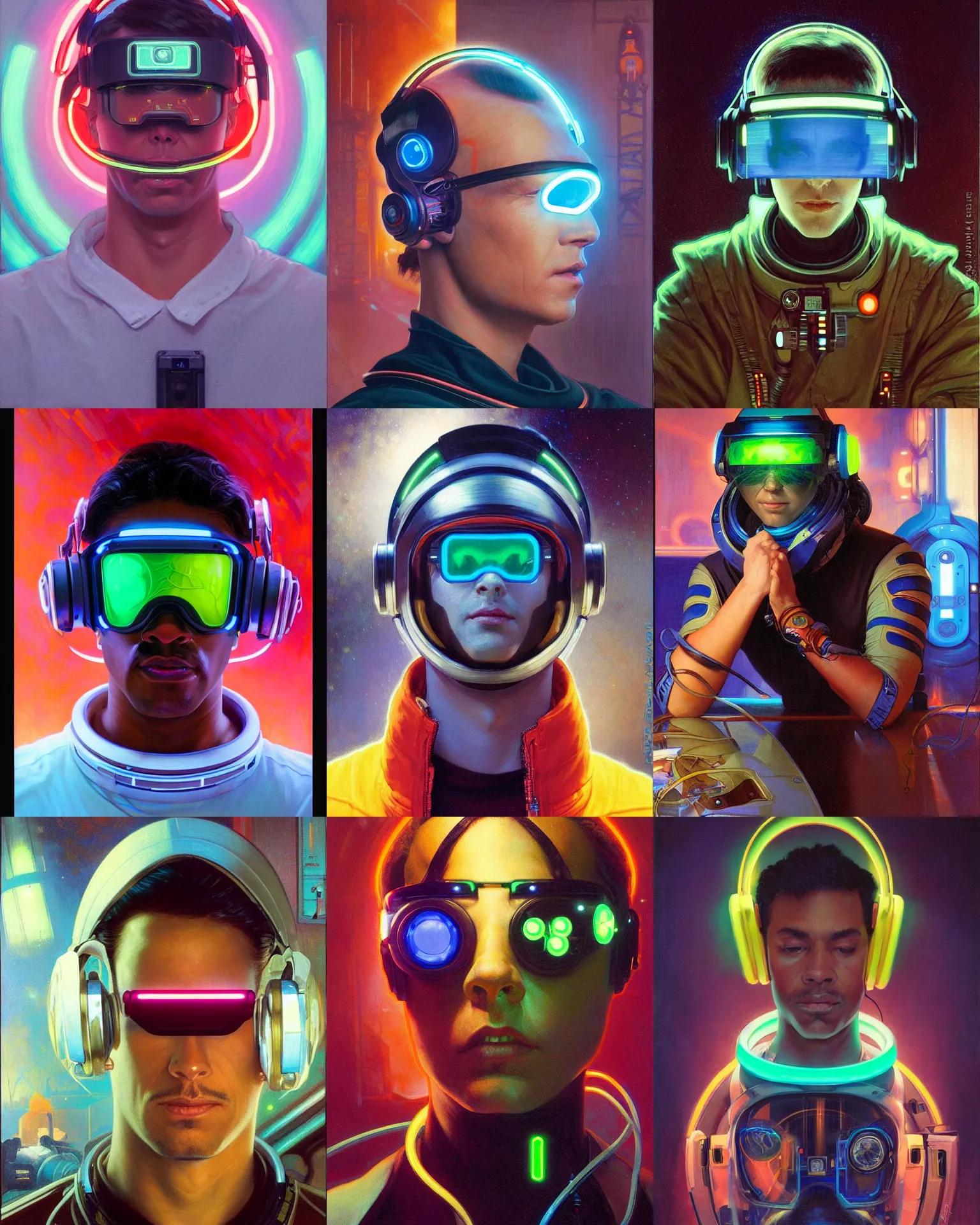 Prompt: neon cyberpunk programmer with glowing geordi visor over eyes and sleek headphones headshot portrait painting by donato giancola, rhads, loish, alphonse mucha, mead schaeffer astronaut fashion photography