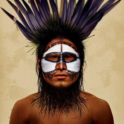 Prompt: a male tupi guarani warrior portrait with bird of paradise flower covering his eye, art by marco mazzoni, dark background, asymmetrical