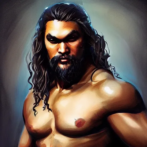 Image similar to “ portrait of jason momoa by greg rutkowski, young, attractive, highly detailed portrait, scifi, digital painting, artstation, concept art, smooth, sharp foccus ilustration, artstation hq ”