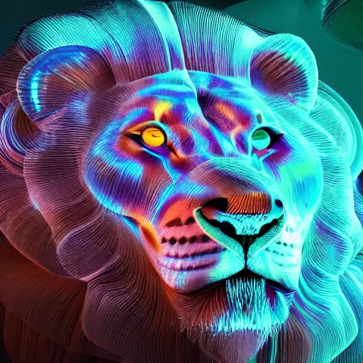 Image similar to a crystalline 3 d mandelbulb fractal in the shape of a lion, bioluminescent opal, fractal, magnificent lighting, ethereal, ray tracing, octane