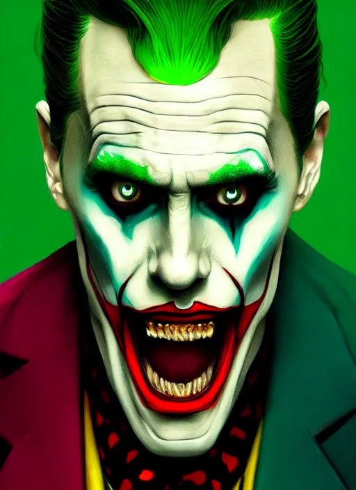 Image similar to portrait of jared leto as the joker, green hair, intricate, elegant, glowing lights, highly detailed, digital painting, artstation, concept art, sharp focus, illustration, art by wlop, mars ravelo and greg rutkowski