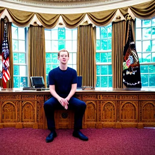 Image similar to Mark Zuckerberg the president of the united states sitting in the oval office, closeup, EOS-1D, f/1.4, ISO 200, 1/160s, 8K, RAW, unedited, symmetrical balance, in-frame, Photoshop, Nvidia, Topaz AI